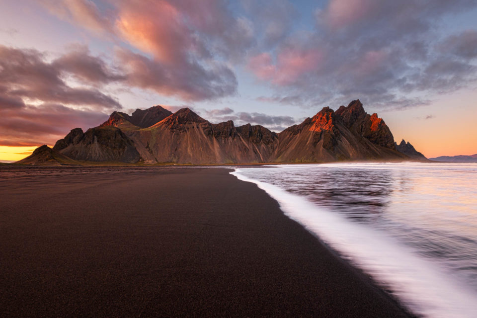 Sunset at Vestrahorn Mountain and Stokksnes Beach in Iceland