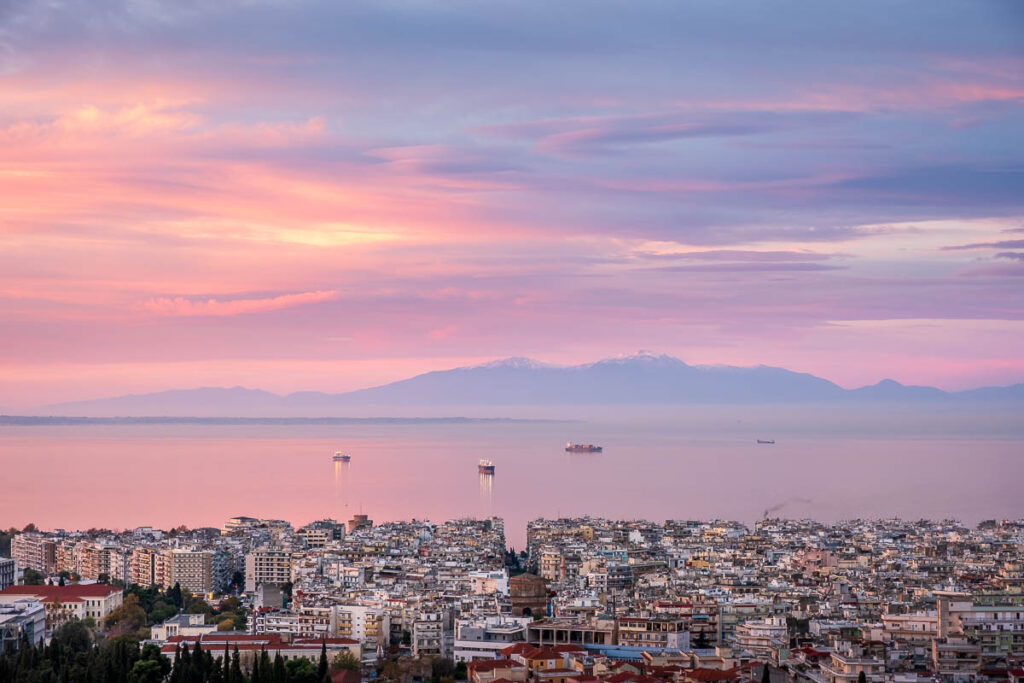 Elevated View of Thessaloniki Greece at Sunrise 